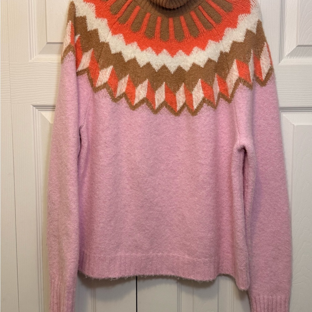 J.Crew Colorblock Fair Isle Turtleneck Sweater Pink Orange Brown Size XL